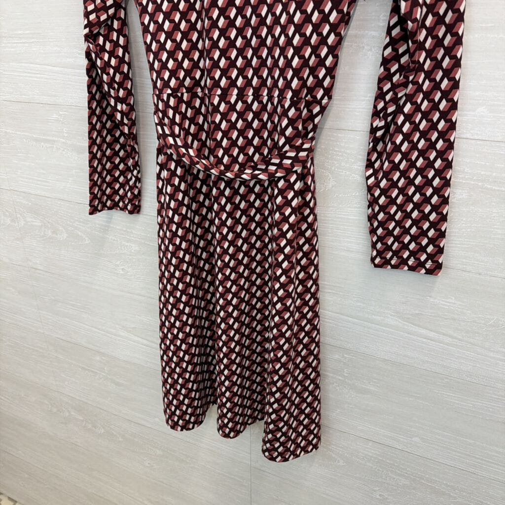 41 Hawthorn Brown/ White Print Long Sleeve Faux Wrap Dress Large