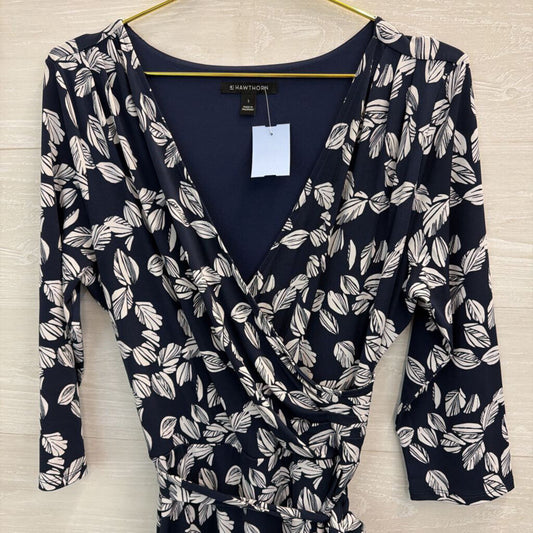 41 Hawthorn Navy/ White Print Long Sleeve Faux Wrap Dress Large