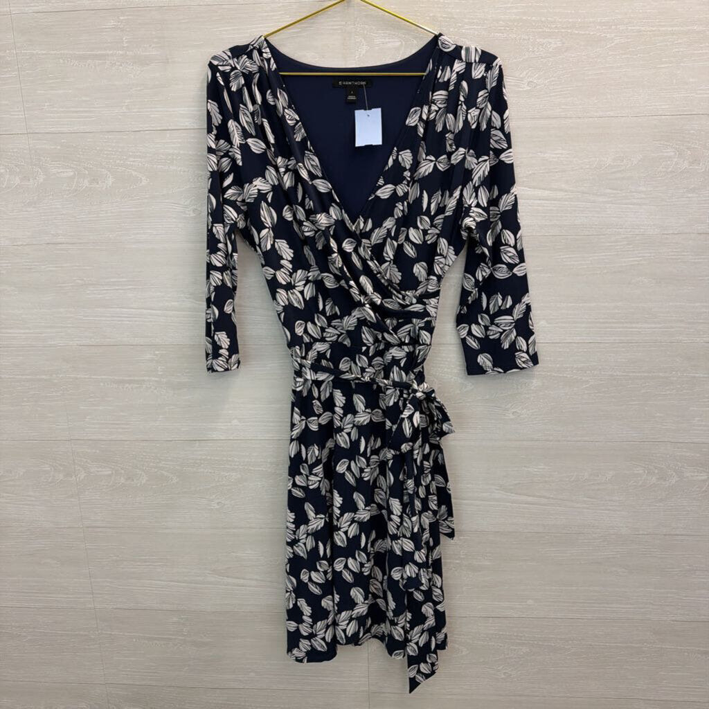 41 Hawthorn Navy/ White Print Long Sleeve Faux Wrap Dress Large