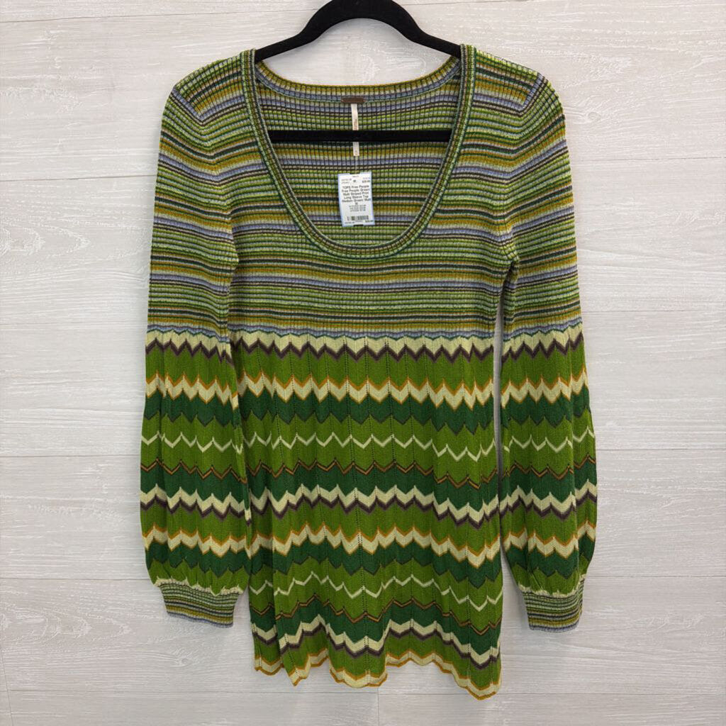 Free People Green/ Multi Striped Print Long Sleeve Top Medium