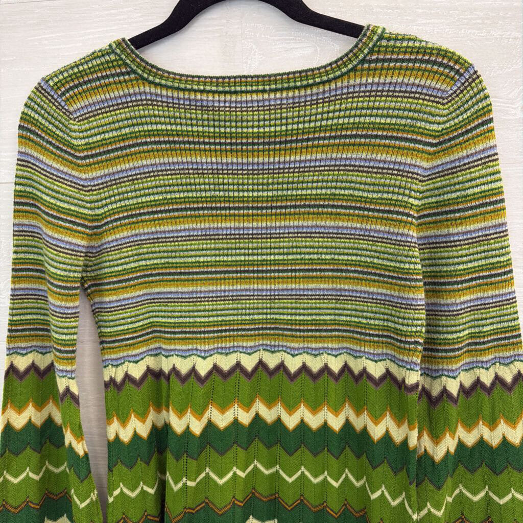 Free People Green/ Multi Striped Print Long Sleeve Top Medium