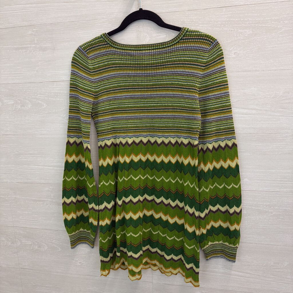 Free People Green/ Multi Striped Print Long Sleeve Top Medium