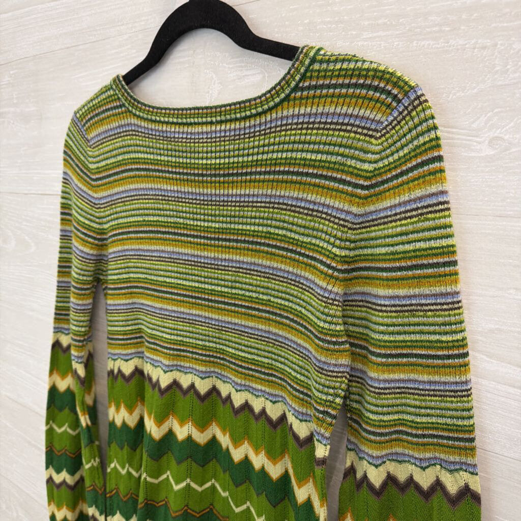 Free People Green/ Multi Striped Print Long Sleeve Top Medium