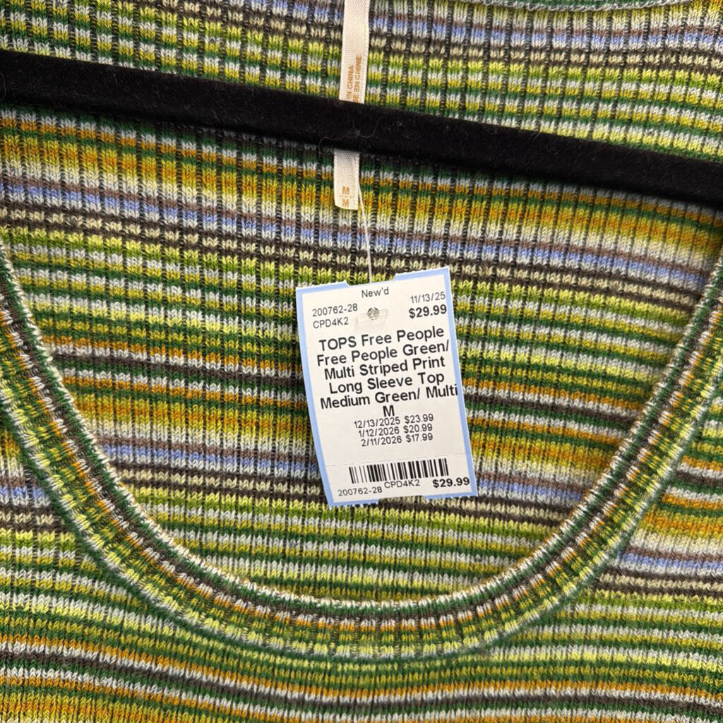 Free People Green/ Multi Striped Print Long Sleeve Top Medium