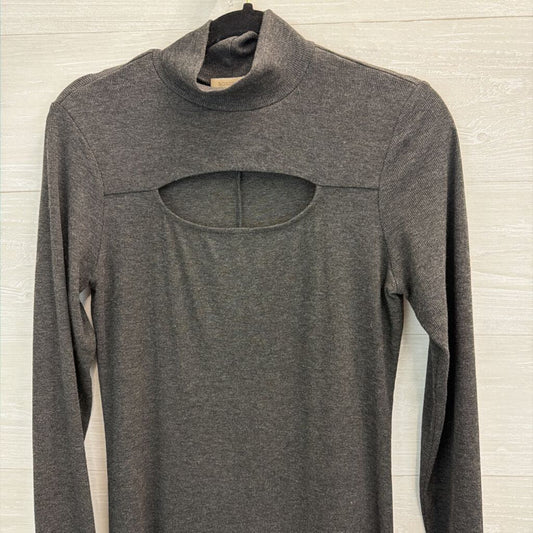 Bordeaux Grey Ribbed Cut Out Long Sleeve Mock Neck Dress Medium