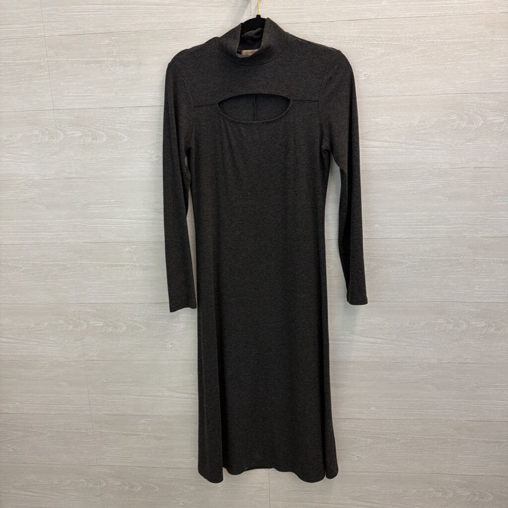 Bordeaux Grey Ribbed Cut Out Long Sleeve Mock Neck Dress Medium