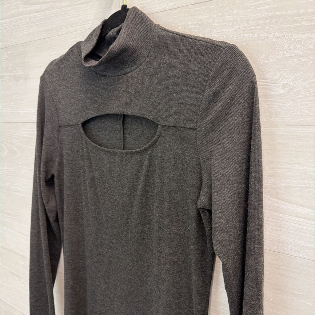 Bordeaux Grey Ribbed Cut Out Long Sleeve Mock Neck Dress Medium