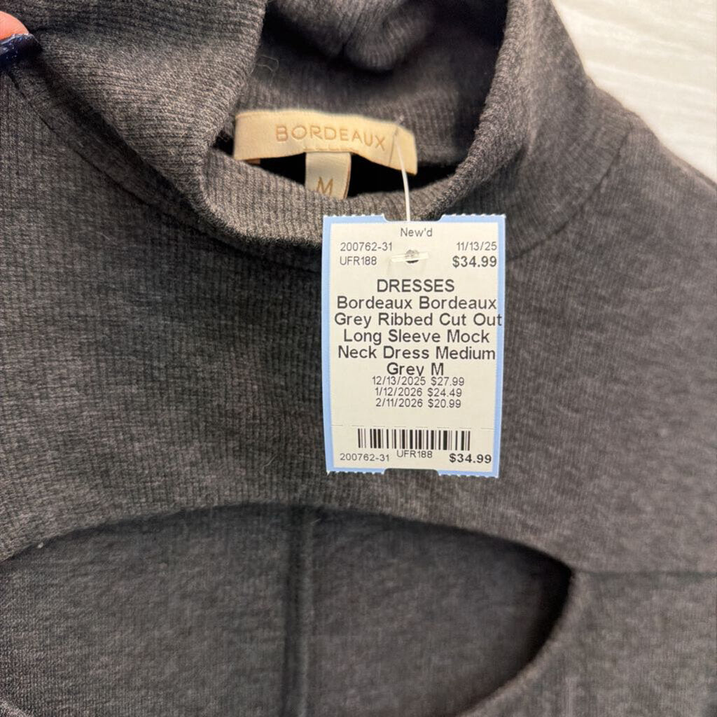 Bordeaux Grey Ribbed Cut Out Long Sleeve Mock Neck Dress Medium