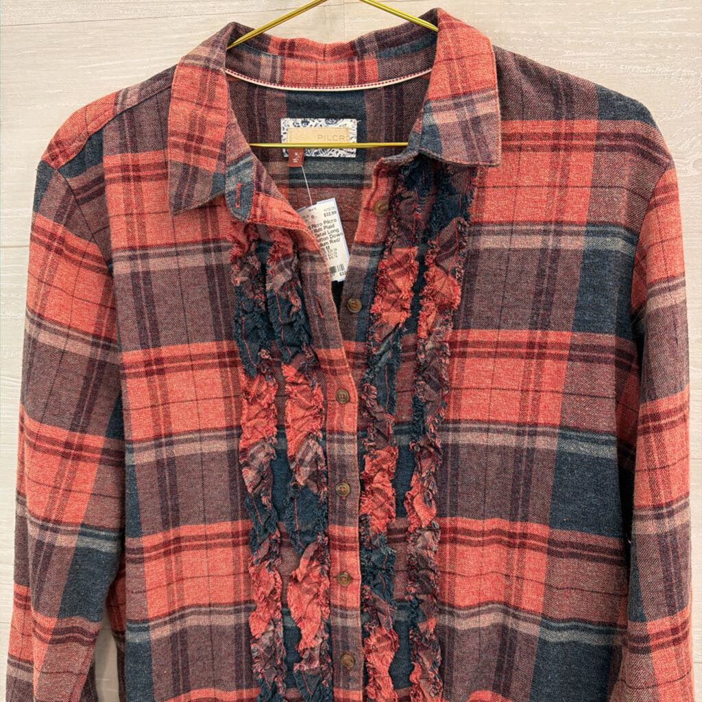Pilcro Red/ Multi Plaid Ruffle Detail Long Sleeve Button Down Top Medium