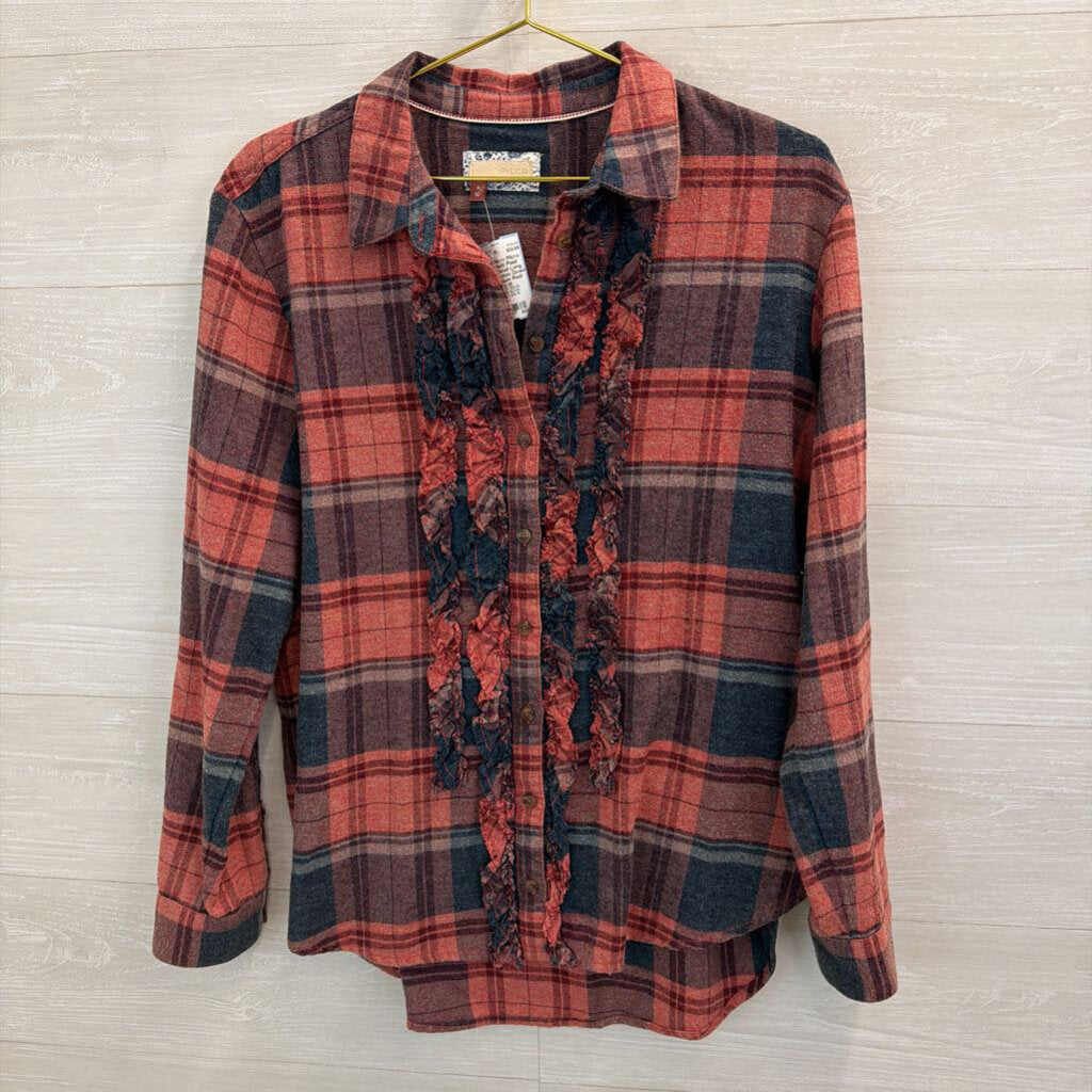 Pilcro Red/ Multi Plaid Ruffle Detail Long Sleeve Button Down Top Medium