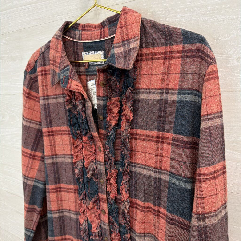 Pilcro Red/ Multi Plaid Ruffle Detail Long Sleeve Button Down Top Medium