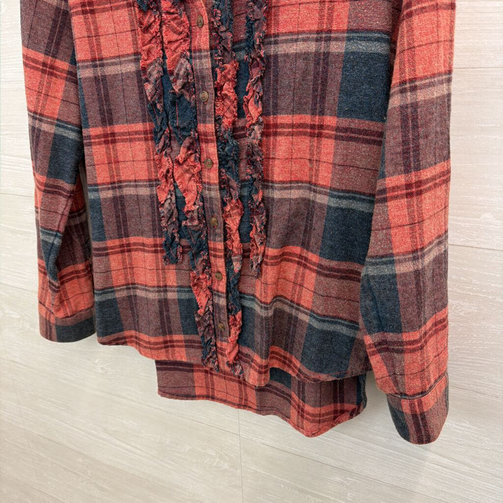Pilcro Red/ Multi Plaid Ruffle Detail Long Sleeve Button Down Top Medium