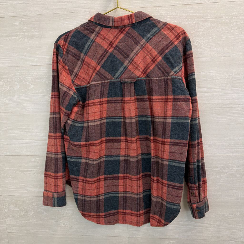 Pilcro Red/ Multi Plaid Ruffle Detail Long Sleeve Button Down Top Medium