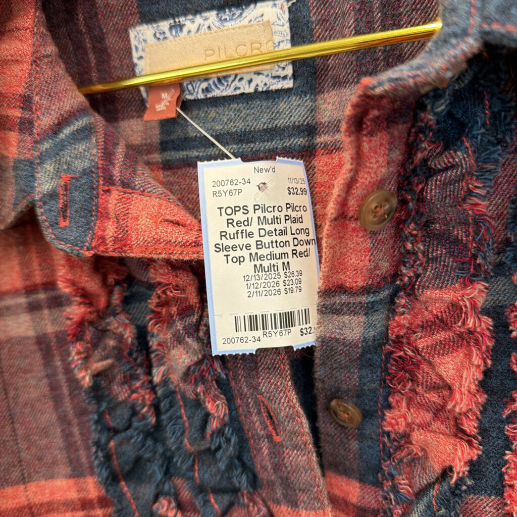 Pilcro Red/ Multi Plaid Ruffle Detail Long Sleeve Button Down Top Medium
