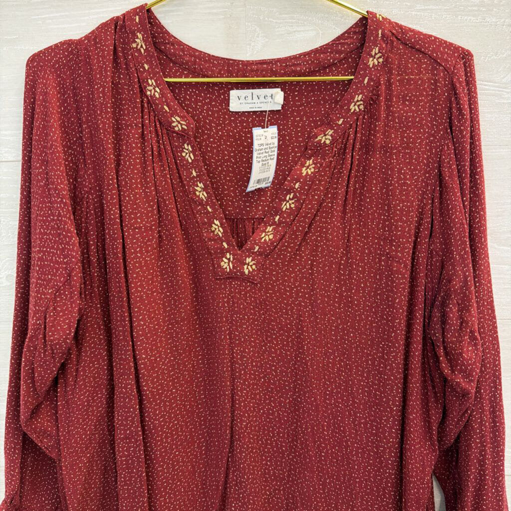 Velvet Red/ Gold Print Long Sleeve Top Medium