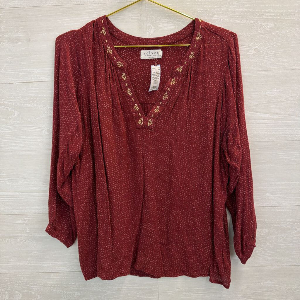 Velvet Red/ Gold Print Long Sleeve Top Medium
