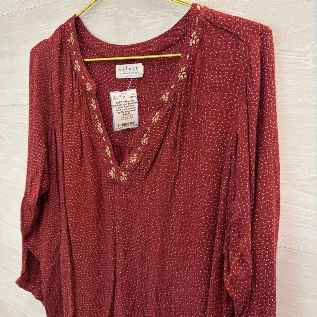 Velvet Red/ Gold Print Long Sleeve Top Medium