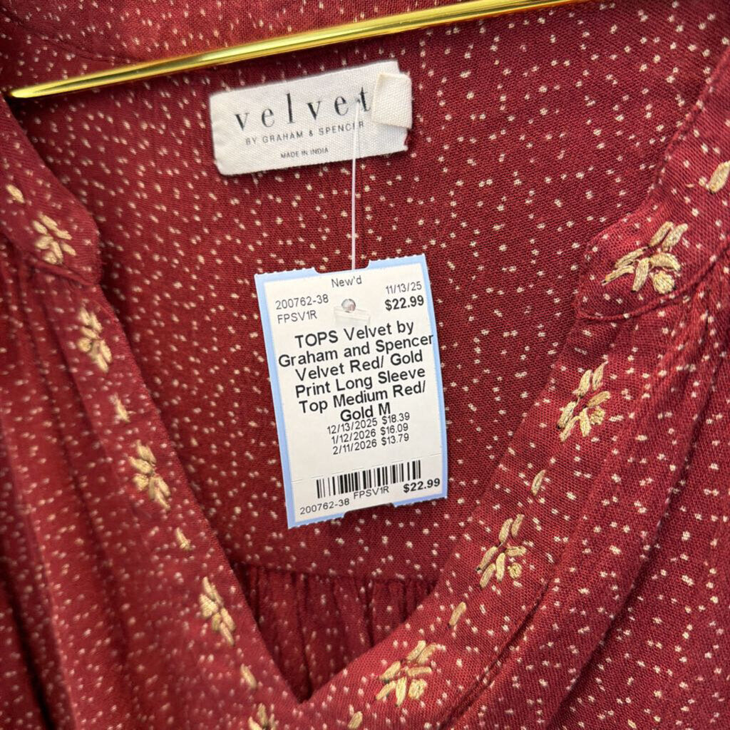 Velvet Red/ Gold Print Long Sleeve Top Medium