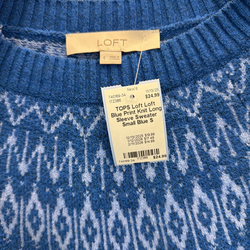 Loft Blue Print Knit Long Sleeve Sweater Small