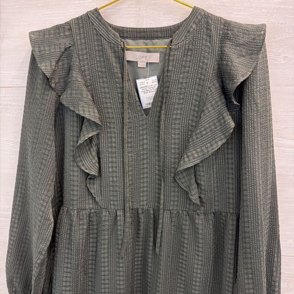 Loft Green Textured Long Sleeve Dress Small