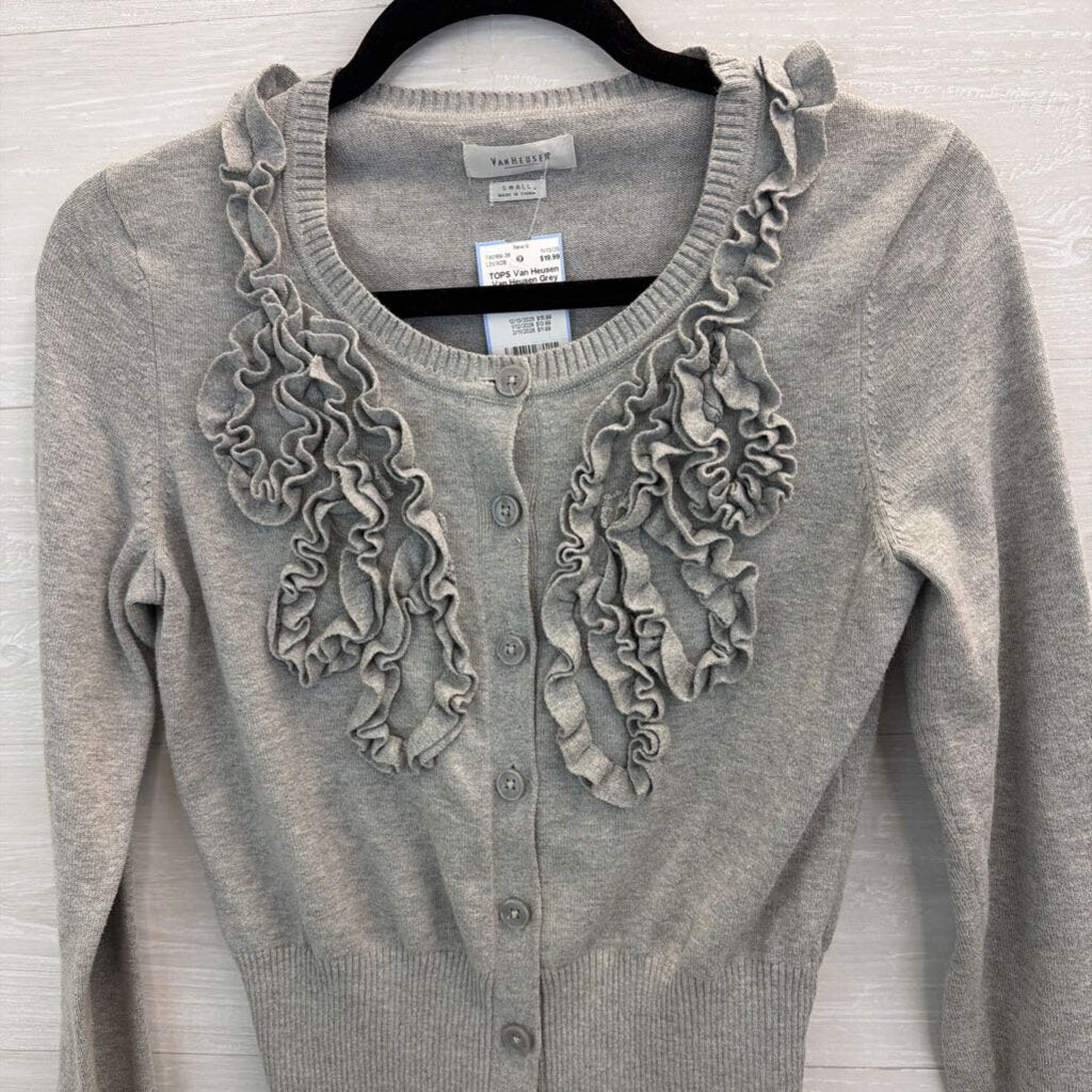 Van Heusen Grey Textured Ruffle Cardigan Sweater Small