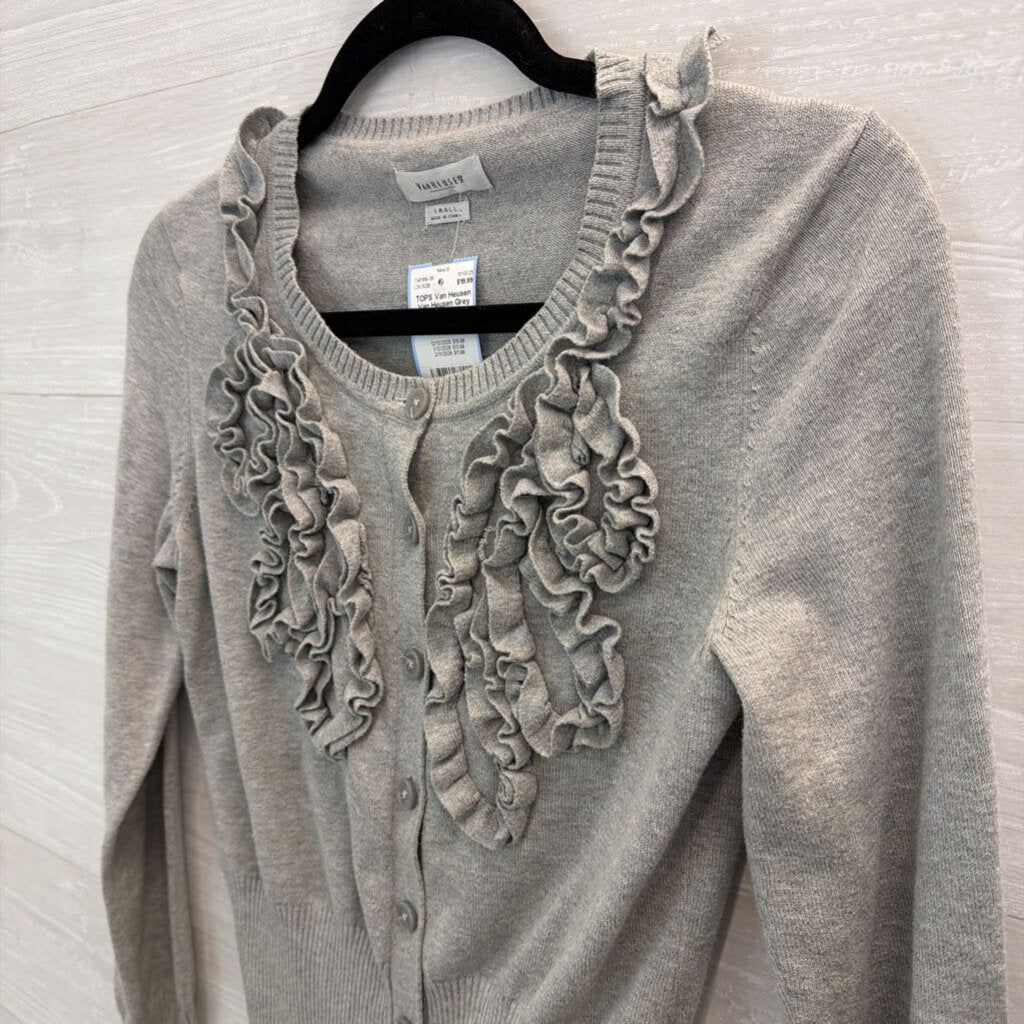 Van Heusen Grey Textured Ruffle Cardigan Sweater Small