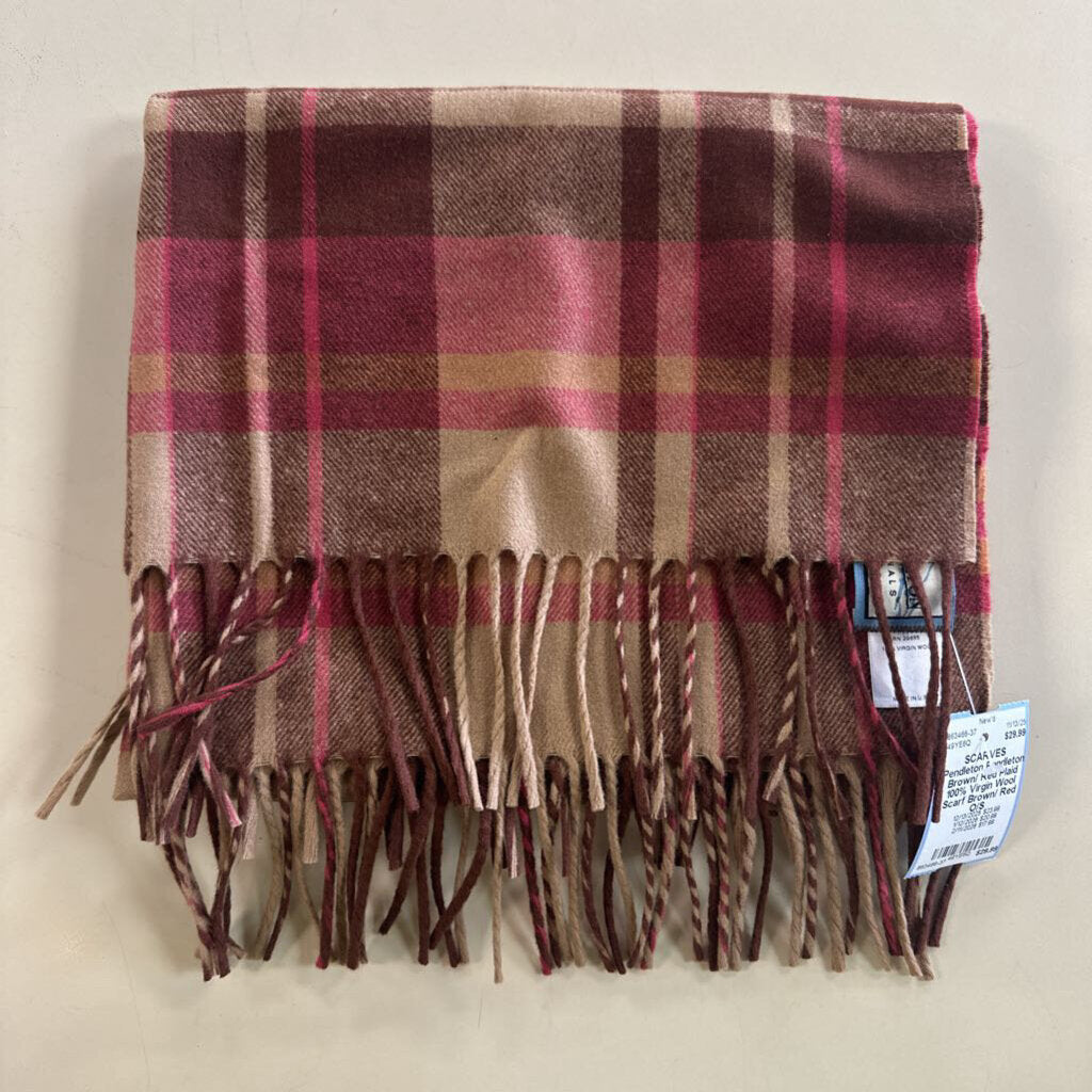 Pendleton Brown/ Red Plaid 100% Virgin Wool Scarf