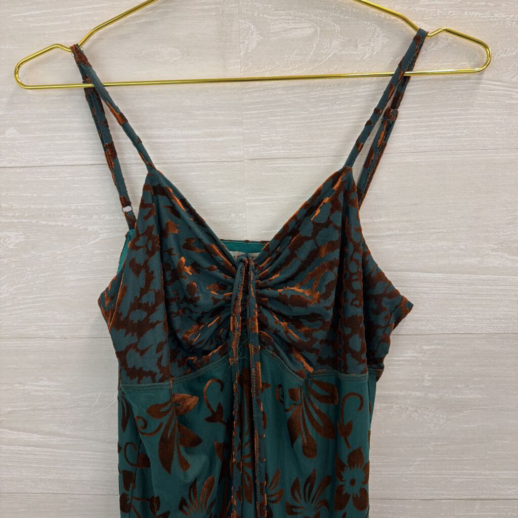 Paparazzi Teal/ Brown Velvet Print Midi Dress Small