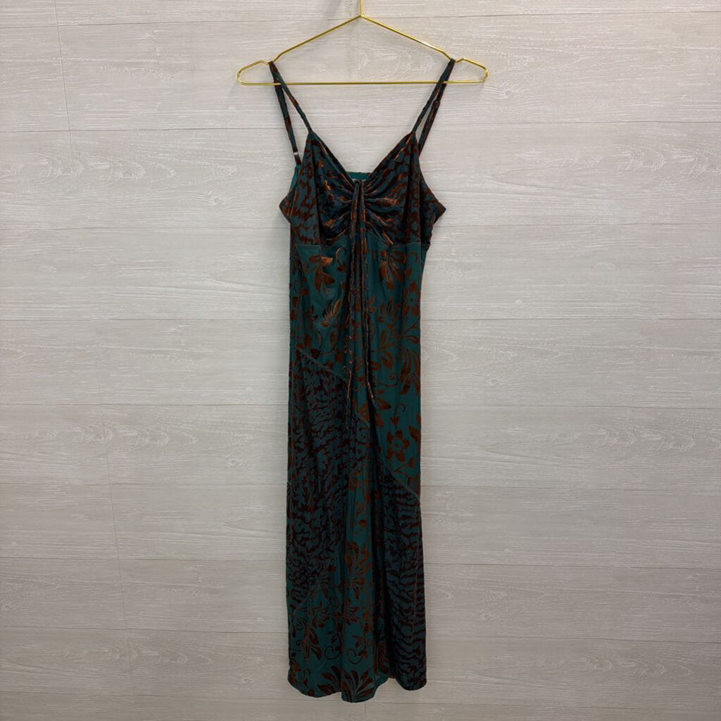 Paparazzi Teal/ Brown Velvet Print Midi Dress Small