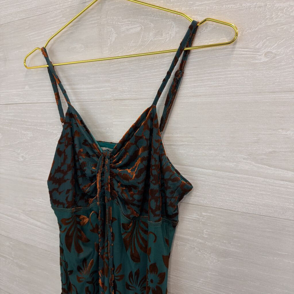 Paparazzi Teal/ Brown Velvet Print Midi Dress Small