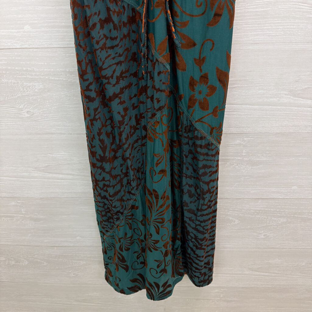 Paparazzi Teal/ Brown Velvet Print Midi Dress Small