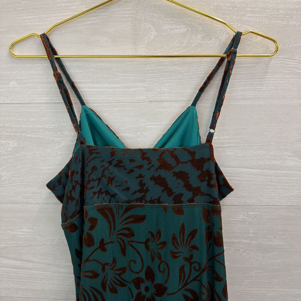 Paparazzi Teal/ Brown Velvet Print Midi Dress Small