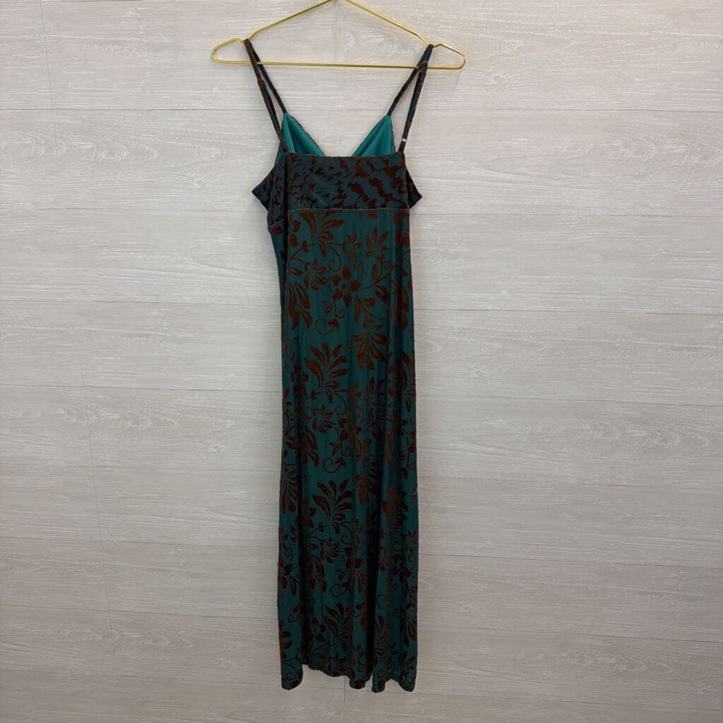 Paparazzi Teal/ Brown Velvet Print Midi Dress Small