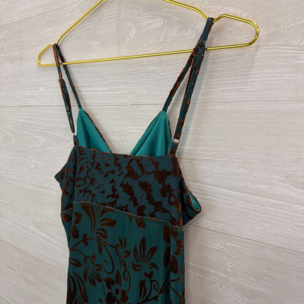 Paparazzi Teal/ Brown Velvet Print Midi Dress Small