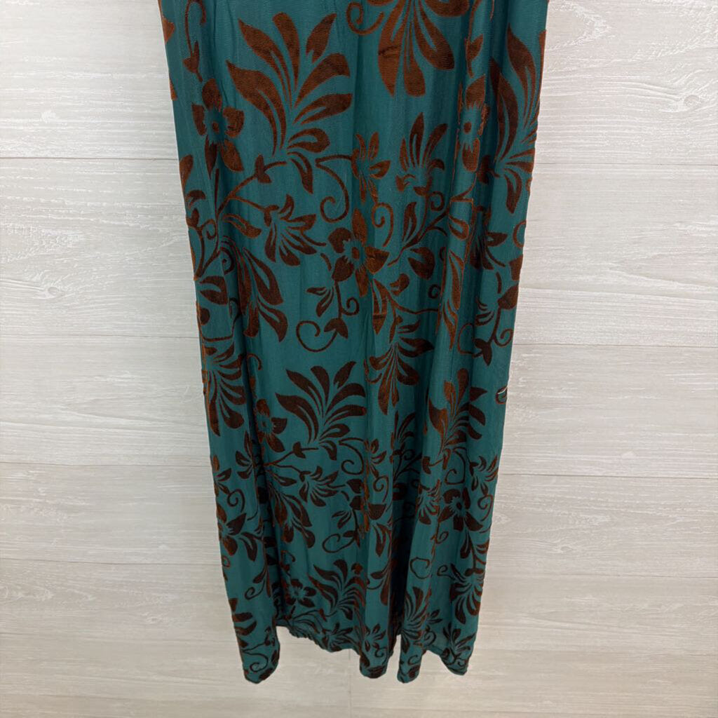 Paparazzi Teal/ Brown Velvet Print Midi Dress Small