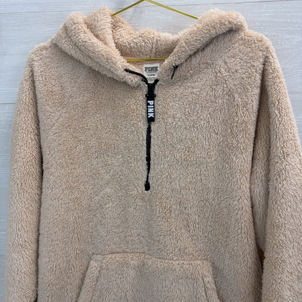 Pink Beige Soft Fuzzy Half Zip Hooded Pullover Medium