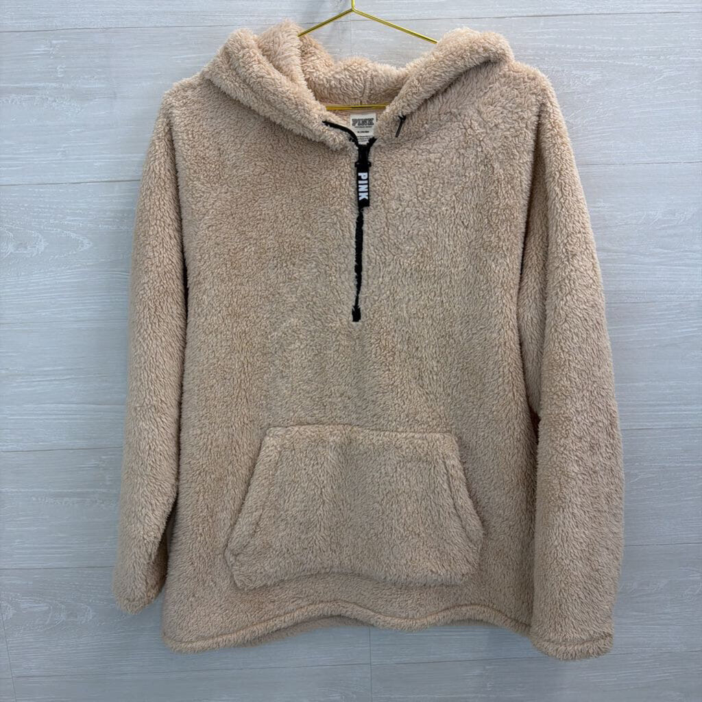 Pink Beige Soft Fuzzy Half Zip Hooded Pullover Medium
