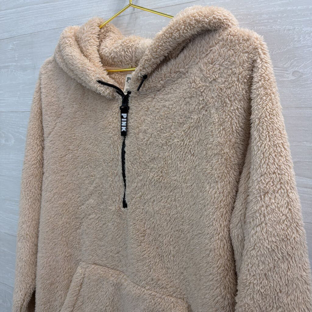 Pink Beige Soft Fuzzy Half Zip Hooded Pullover Medium