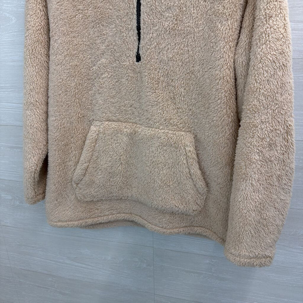 Pink Beige Soft Fuzzy Half Zip Hooded Pullover Medium