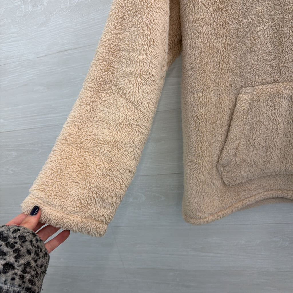 Pink Beige Soft Fuzzy Half Zip Hooded Pullover Medium