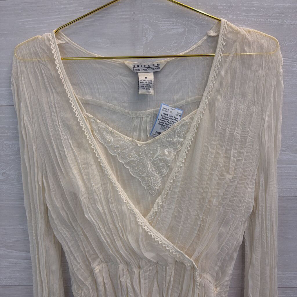John Paul Richard Cream Layered Pearl Detail Long Sleeve Top Medium