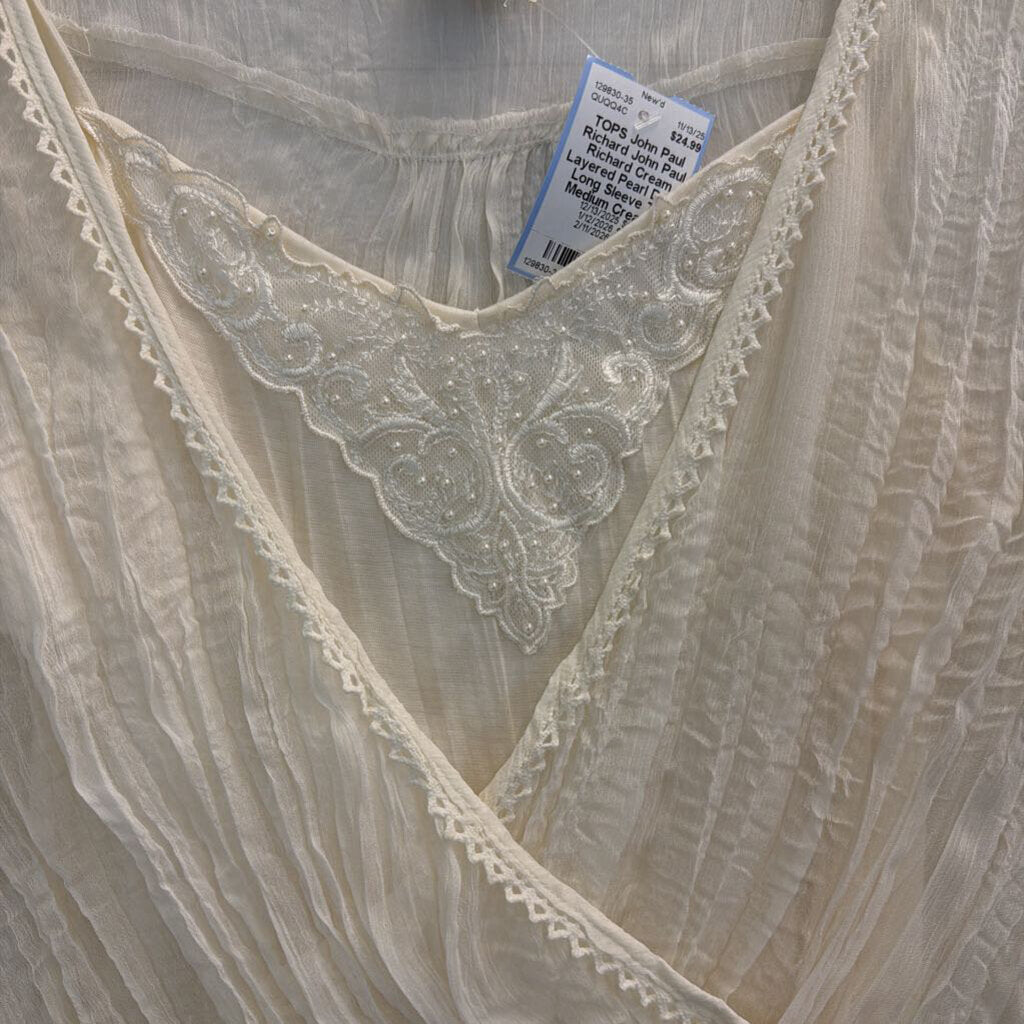 John Paul Richard Cream Layered Pearl Detail Long Sleeve Top Medium