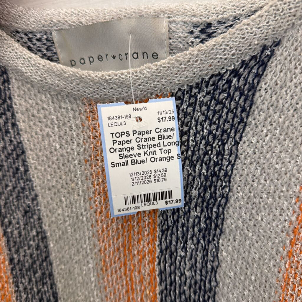 Paper Crane Blue/ Orange Striped Long Sleeve Knit Top Small