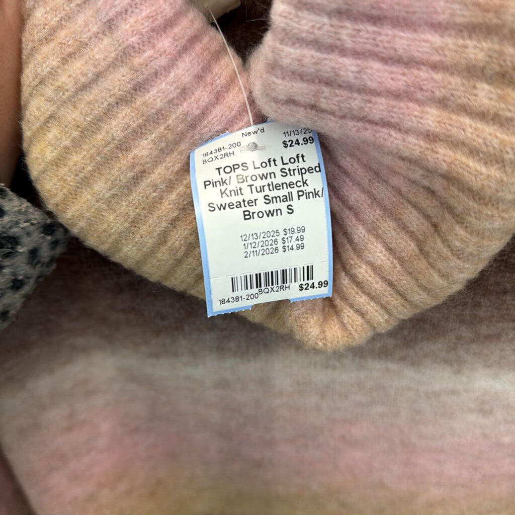 Loft Pink/ Brown Striped Knit Turtleneck Sweater Small