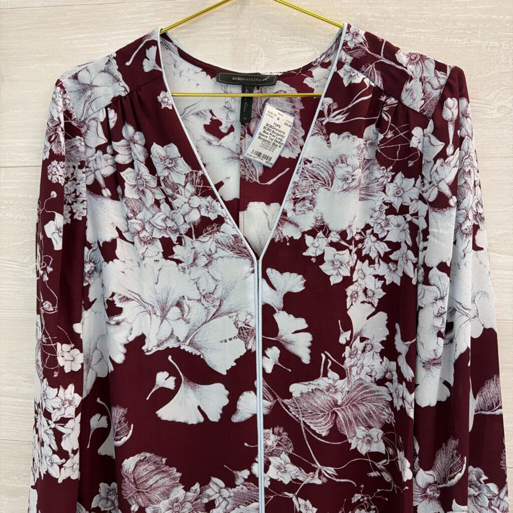 BCBG Burgundy/ Blue Print Long Sleeve Top Medium