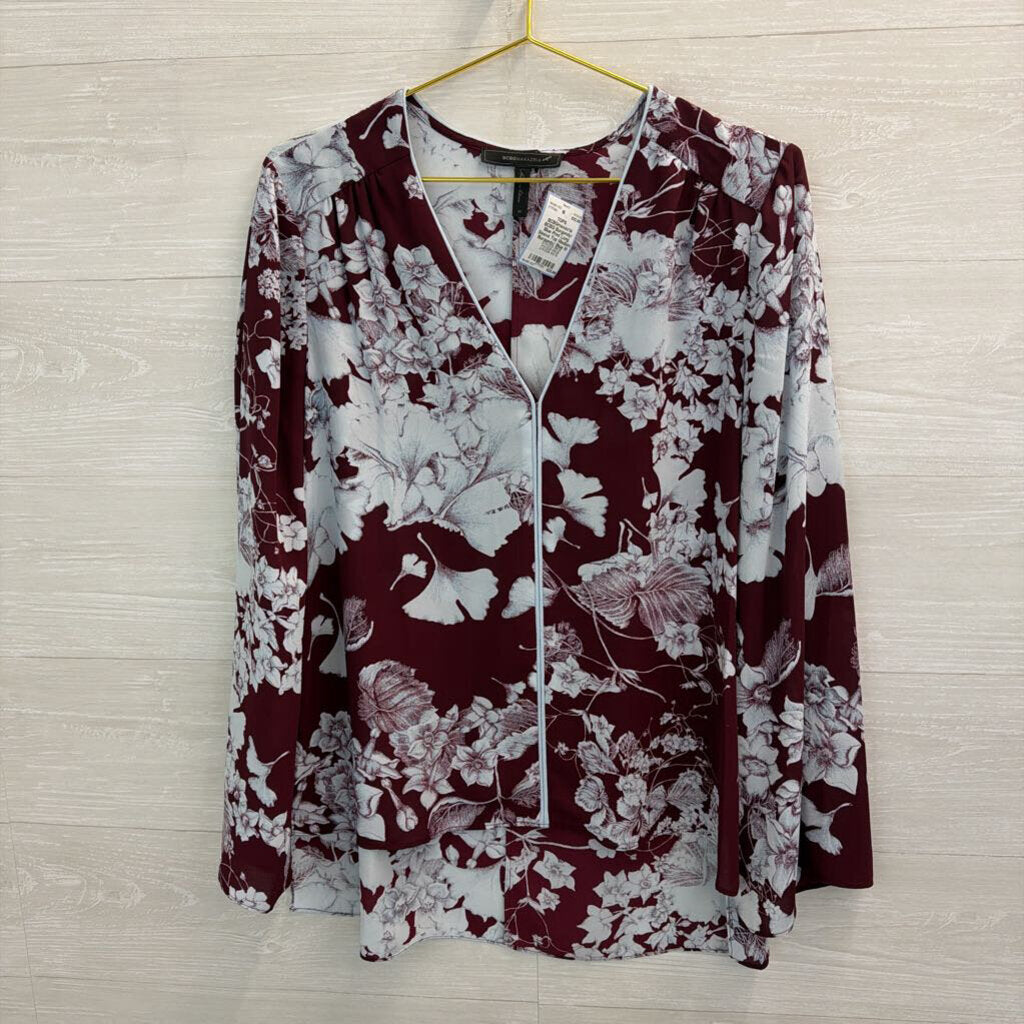 BCBG Burgundy/ Blue Print Long Sleeve Top Medium