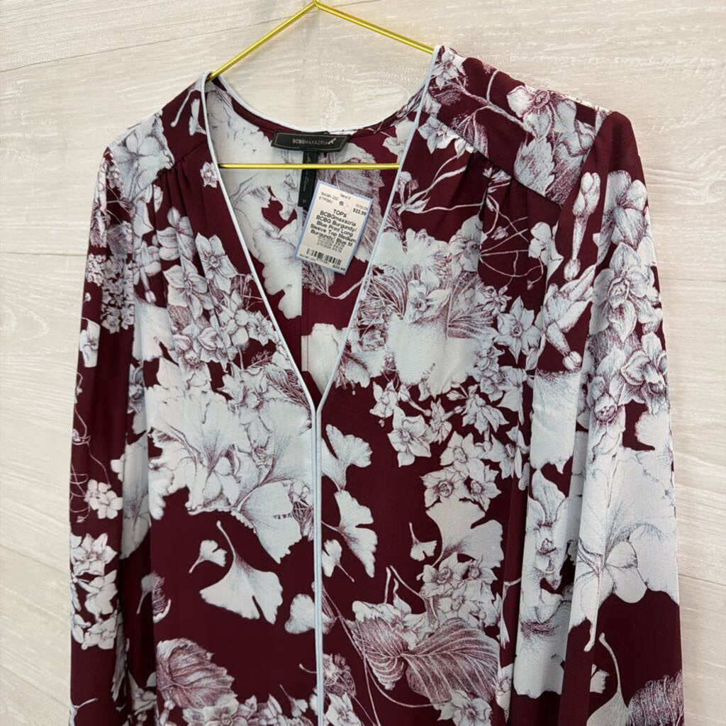 BCBG Burgundy/ Blue Print Long Sleeve Top Medium
