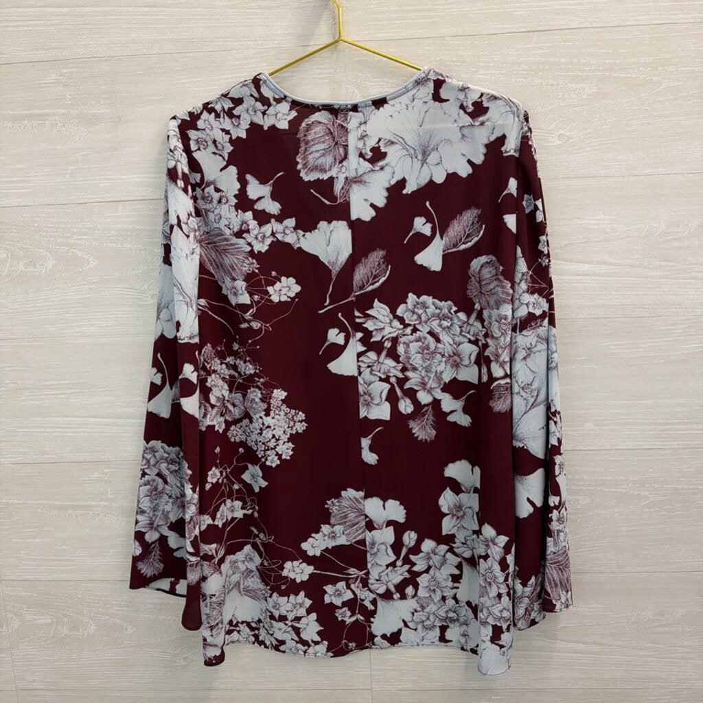 BCBG Burgundy/ Blue Print Long Sleeve Top Medium