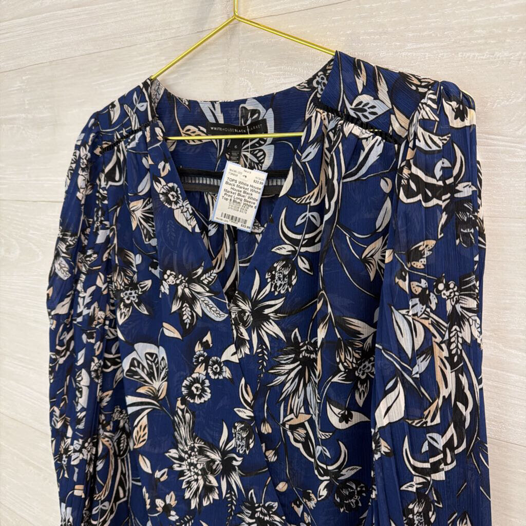 White House Black Market Blue/ White Print Long Sleeve Top 6