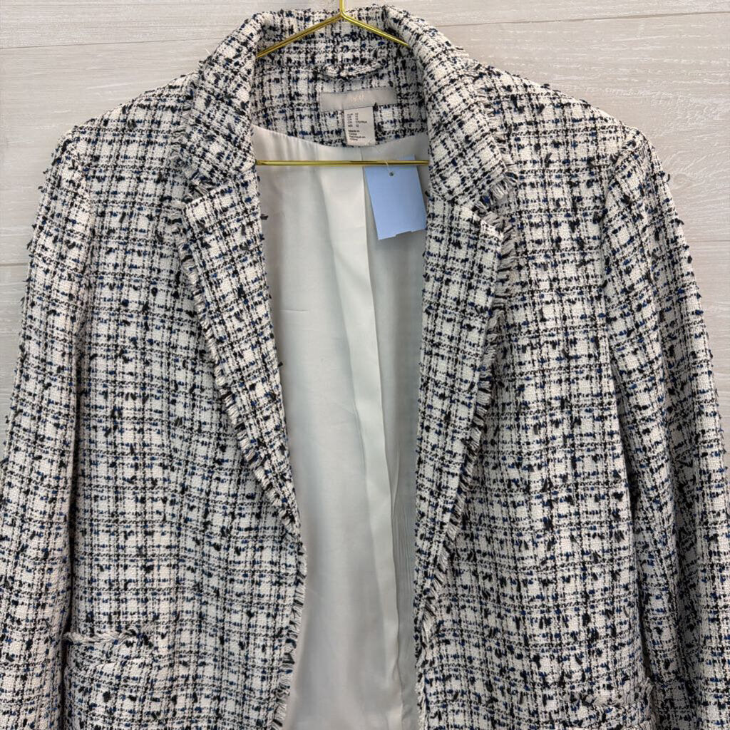 H&M Black/ White Tweed Cropped Open Front Jacket 12